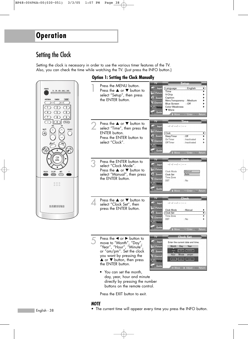 Setting the clock, Operation, Option 1: setting the clock manually | Samsung HLR4266WX-XAA User Manual | Page 38 / 108