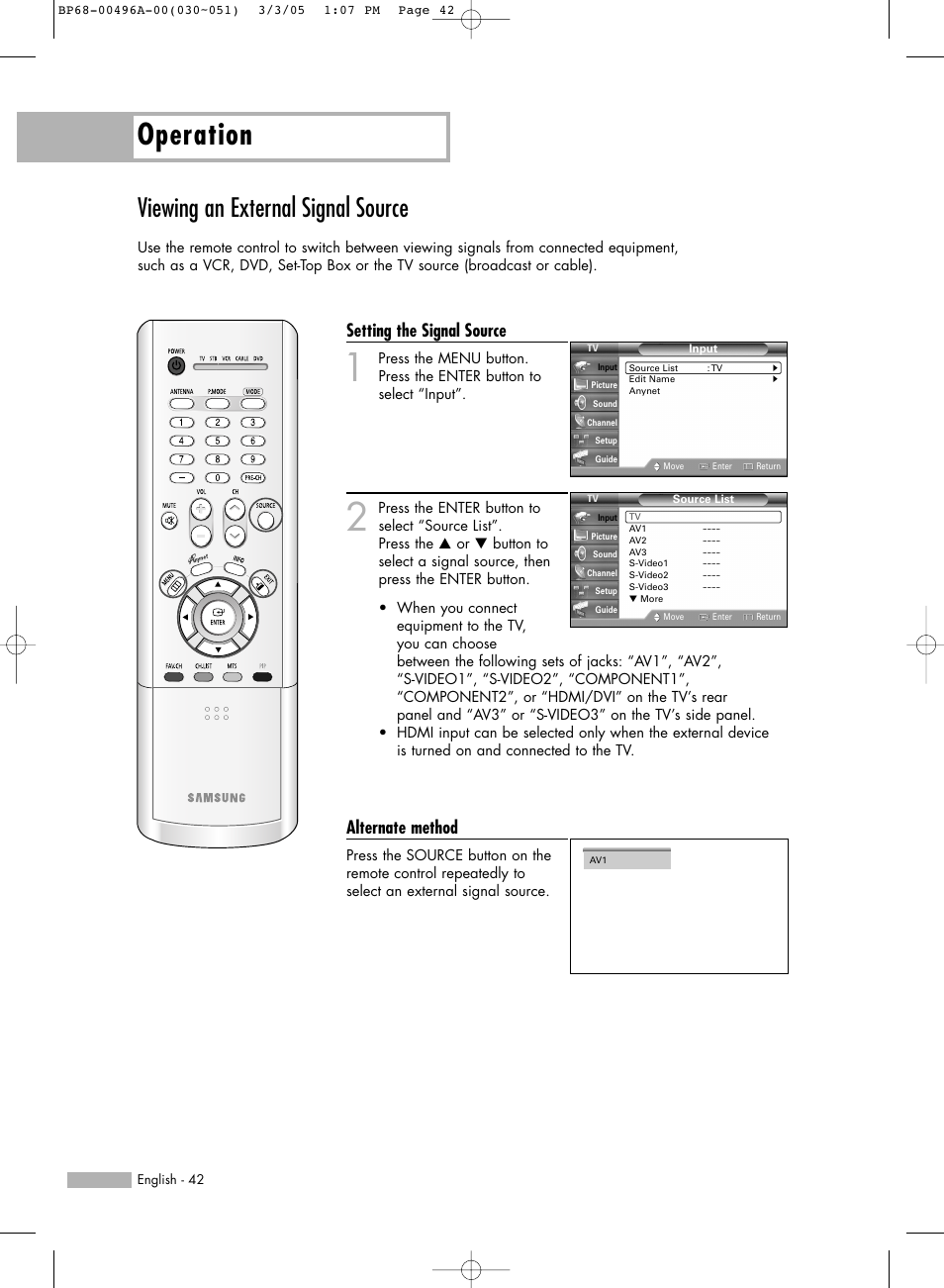 Viewing an external signal source, Operation, Setting the signal source | Alternate method | Samsung HLR4266WX-XAA User Manual | Page 42 / 108