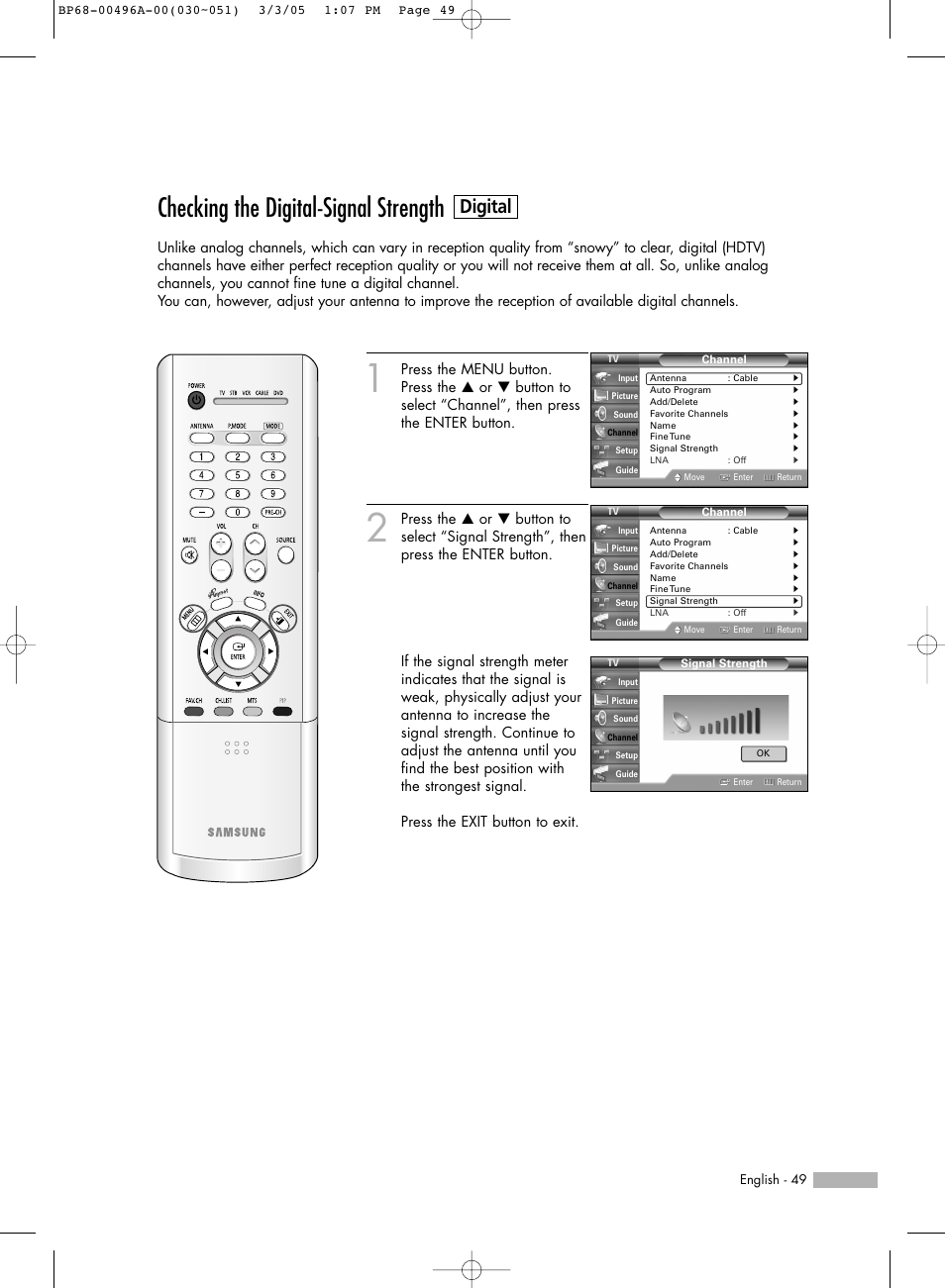 Checking the digital-signal strength, Digital | Samsung HLR4266WX-XAA User Manual | Page 49 / 108