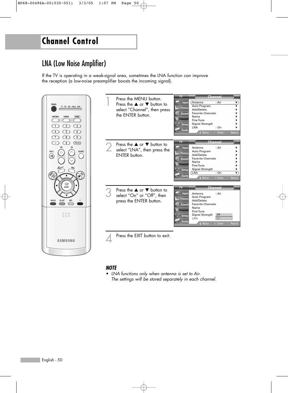 Lna (low noise amplifier), Channel control | Samsung HLR4266WX-XAA User Manual | Page 50 / 108