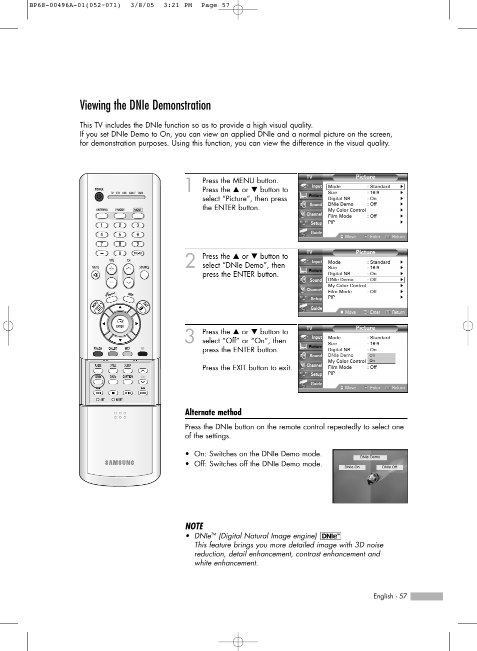 Viewing the dnie demonstration, Alternate method | Samsung HLR4266WX-XAA User Manual | Page 57 / 108