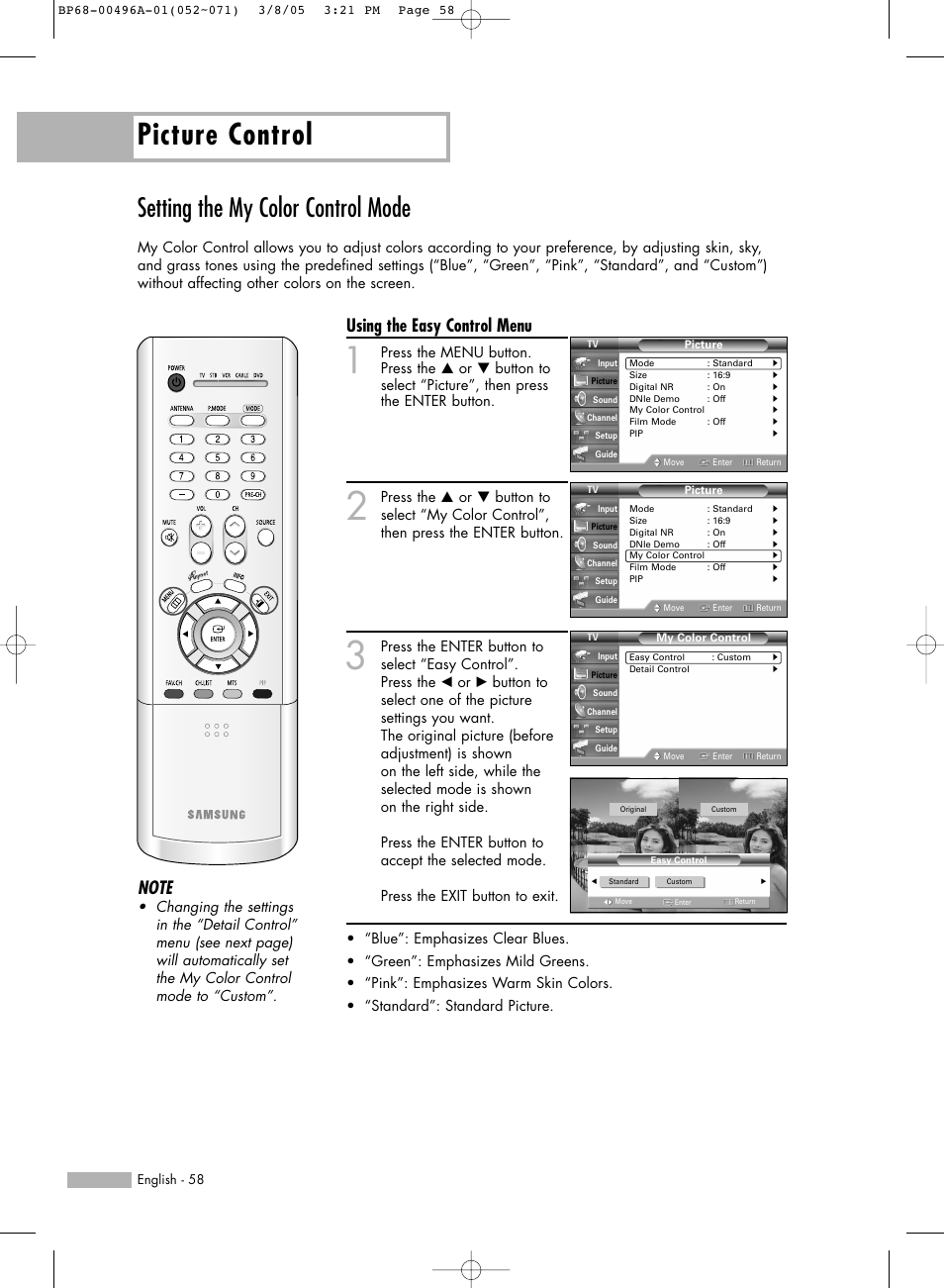 Setting the my color control mode, Picture control, Using the easy control menu | Samsung HLR4266WX-XAA User Manual | Page 58 / 108
