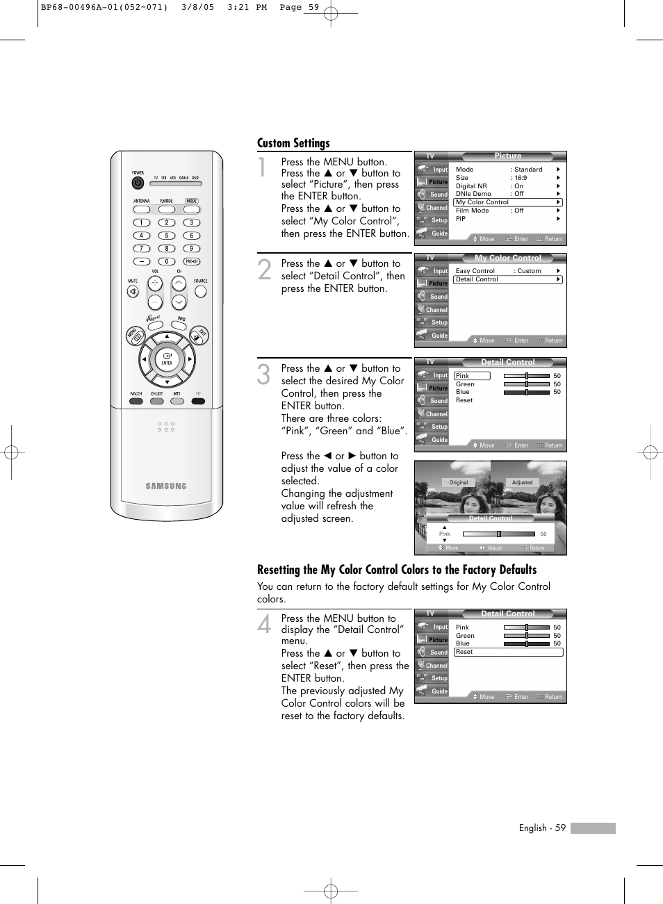 Custom settings | Samsung HLR4266WX-XAA User Manual | Page 59 / 108