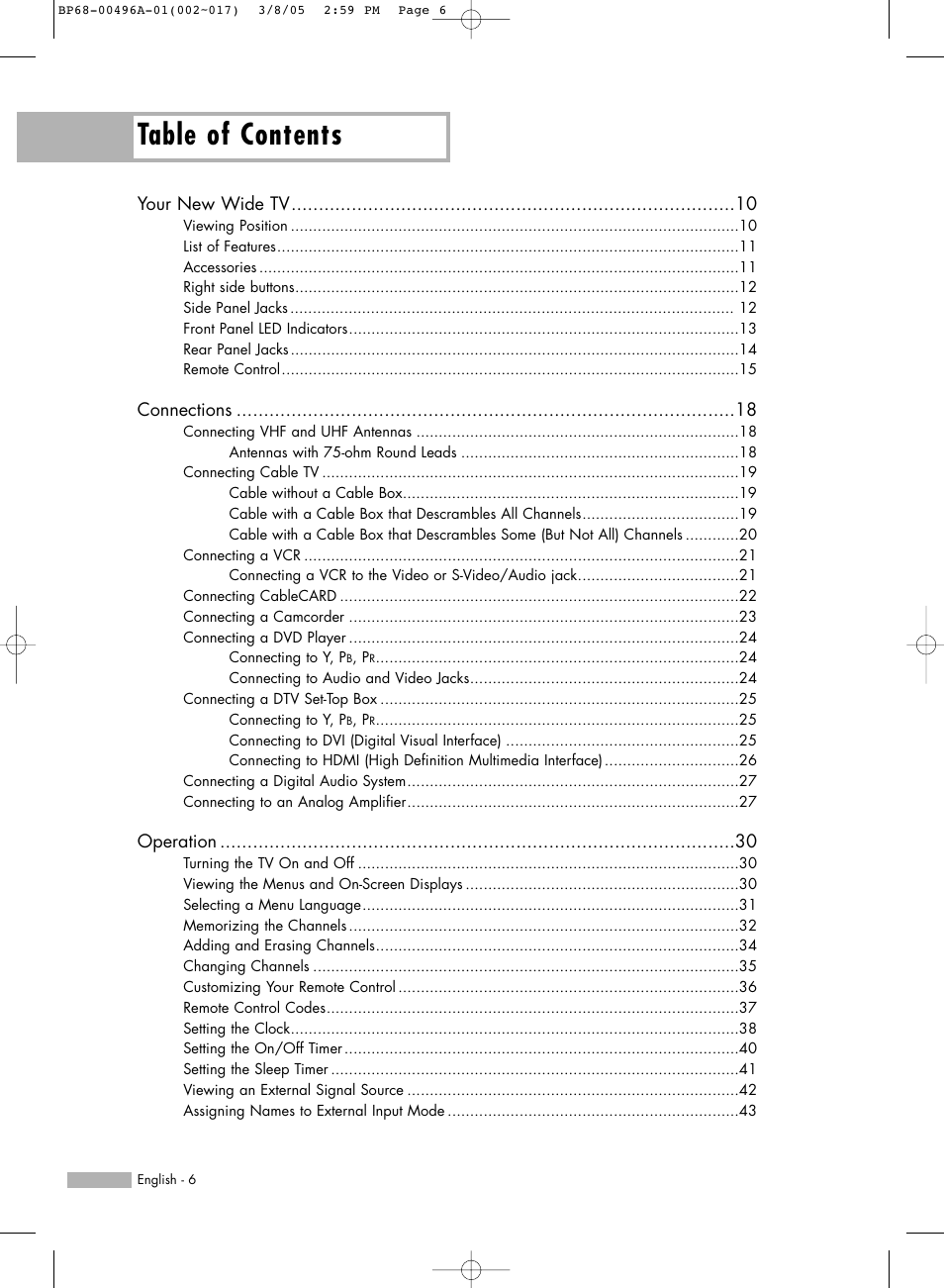 Samsung HLR4266WX-XAA User Manual | Page 6 / 108
