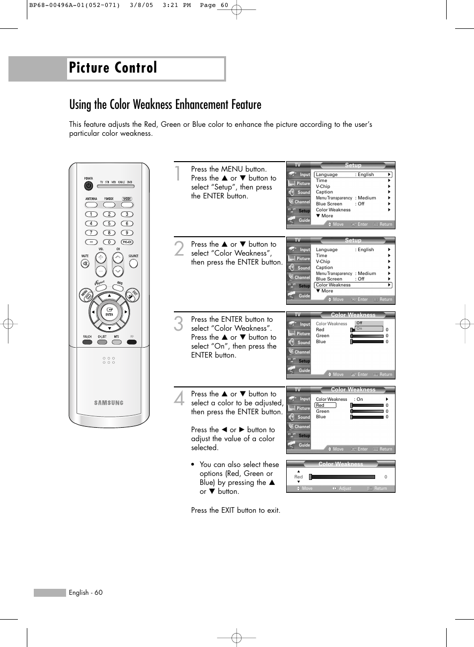 Using the color weakness enhancement feature, Picture control | Samsung HLR4266WX-XAA User Manual | Page 60 / 108
