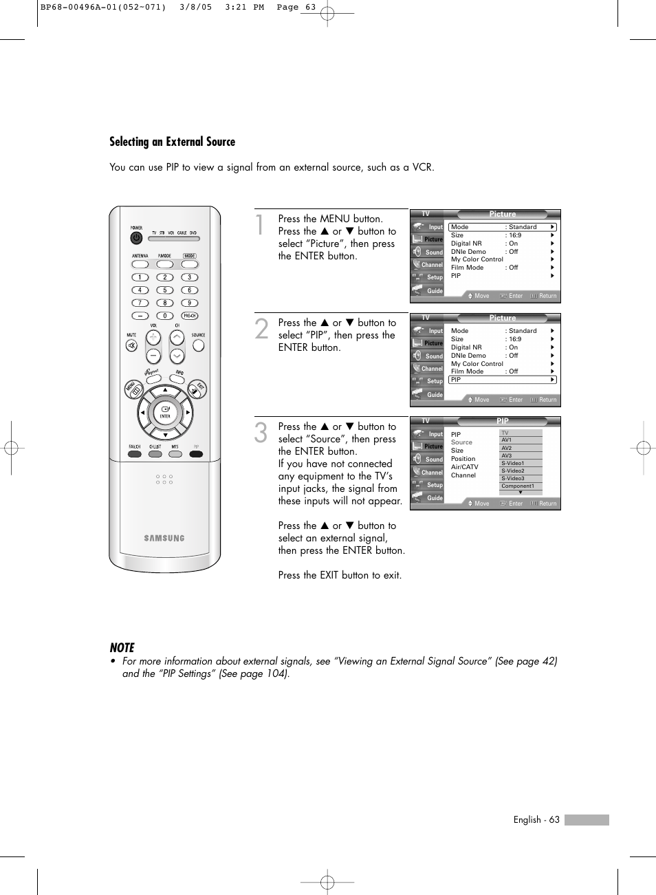 Selecting an external source | Samsung HLR4266WX-XAA User Manual | Page 63 / 108
