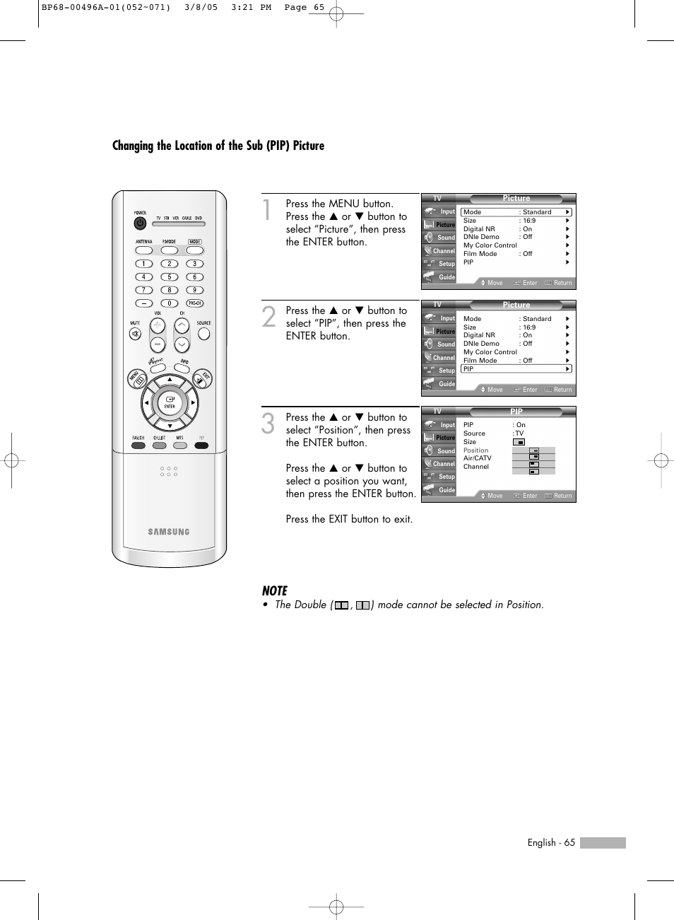 Changing the location of the sub (pip) picture | Samsung HLR4266WX-XAA User Manual | Page 65 / 108