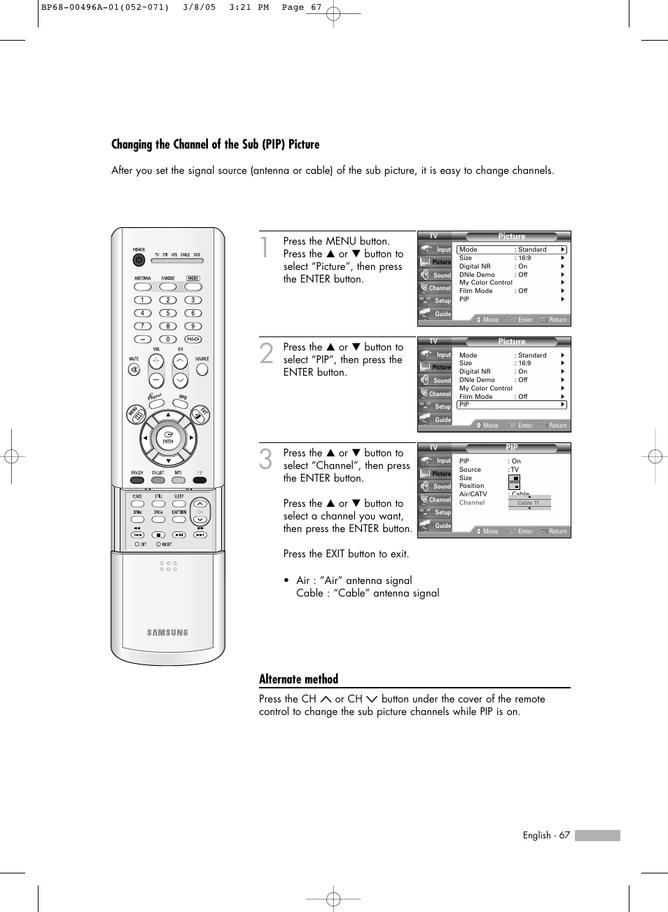 Changing the channel of the sub (pip) picture, Alternate method | Samsung HLR4266WX-XAA User Manual | Page 67 / 108