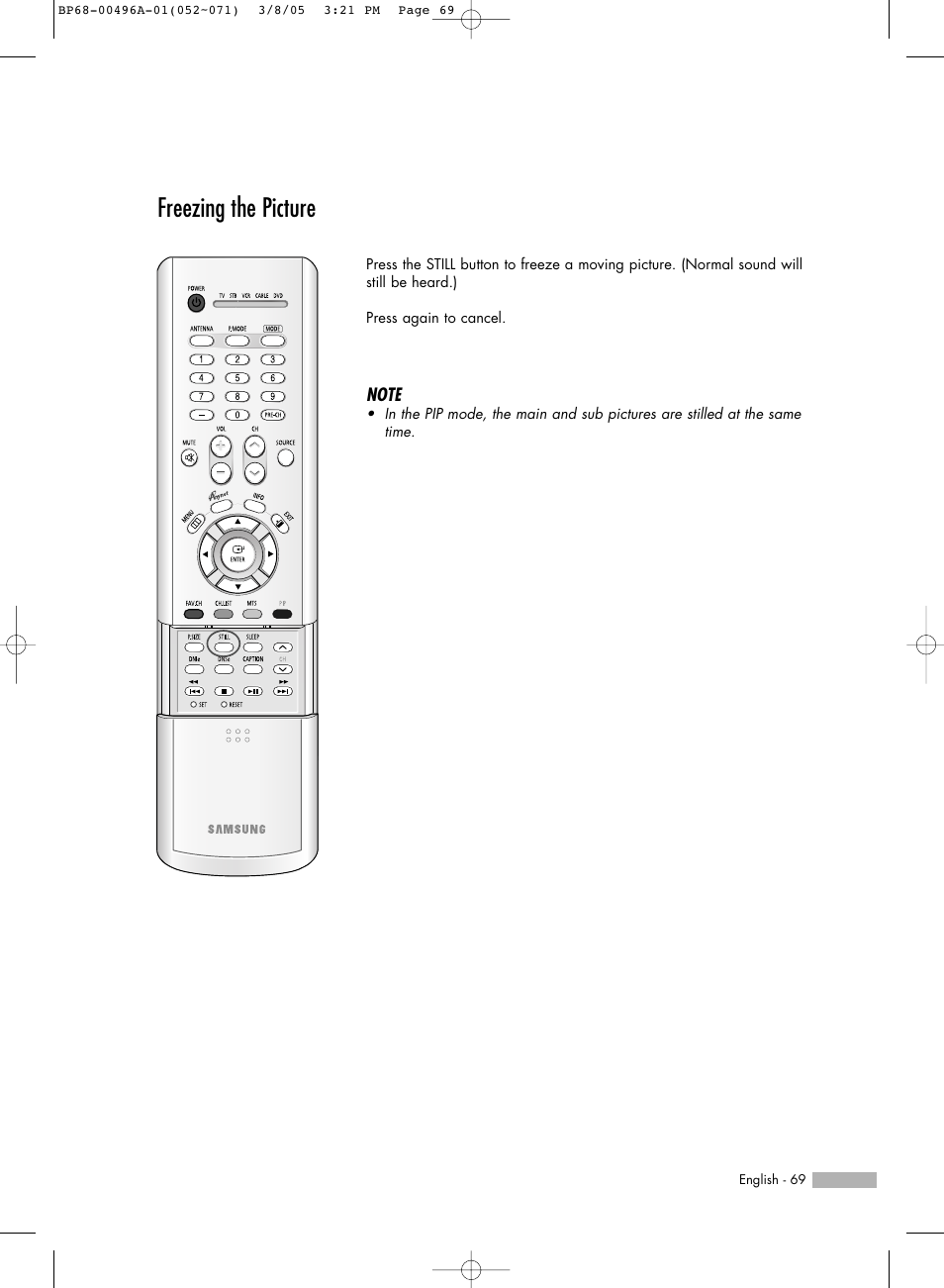 Freezing the picture | Samsung HLR4266WX-XAA User Manual | Page 69 / 108