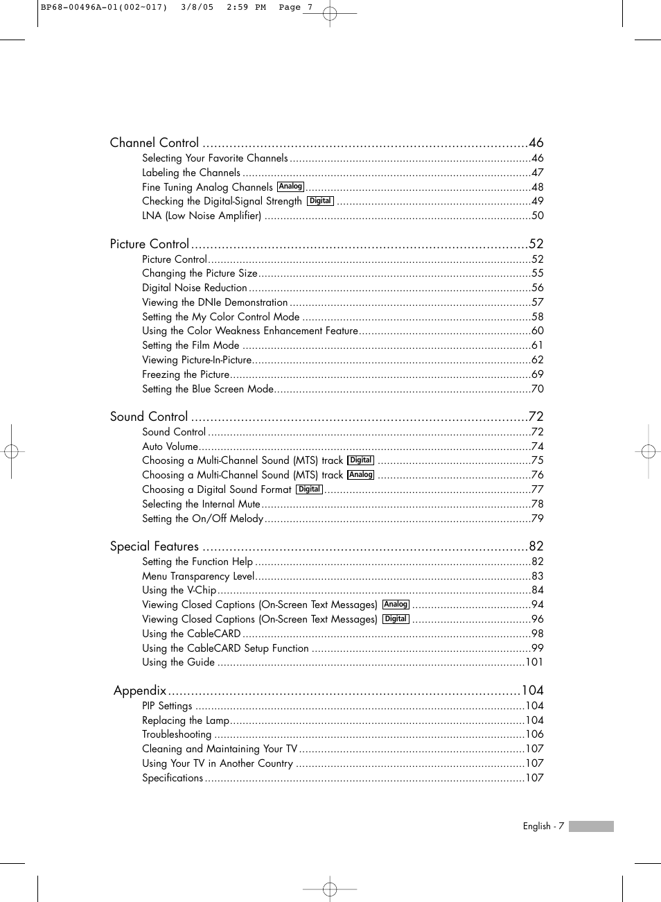 Channel control, Picture control, Sound control | Special features, Appendix | Samsung HLR4266WX-XAA User Manual | Page 7 / 108