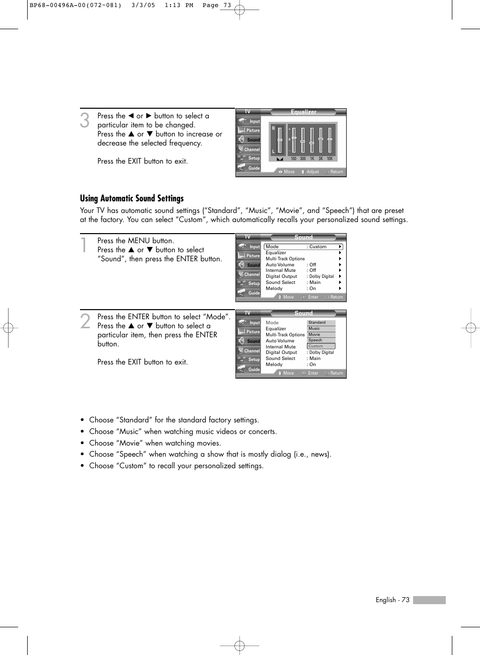 Using automatic sound settings | Samsung HLR4266WX-XAA User Manual | Page 73 / 108