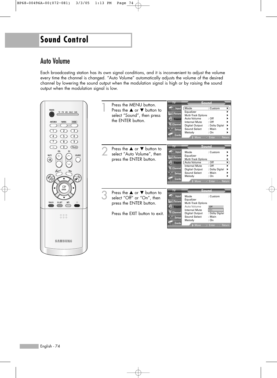 Auto volume, Sound control | Samsung HLR4266WX-XAA User Manual | Page 74 / 108
