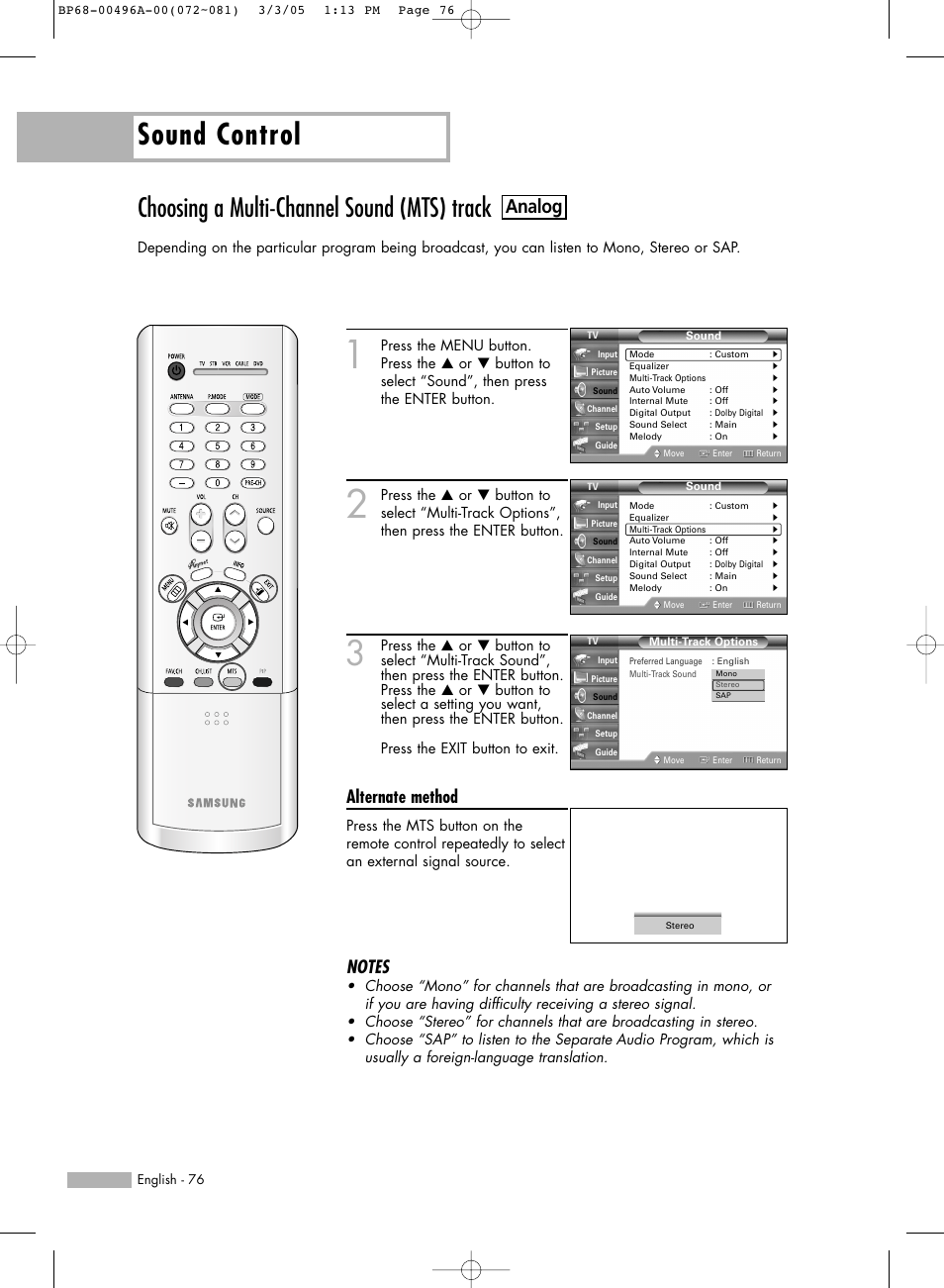 Choosing a multi-channel sound (mts) track, Sound control, Analog | Alternate method | Samsung HLR4266WX-XAA User Manual | Page 76 / 108