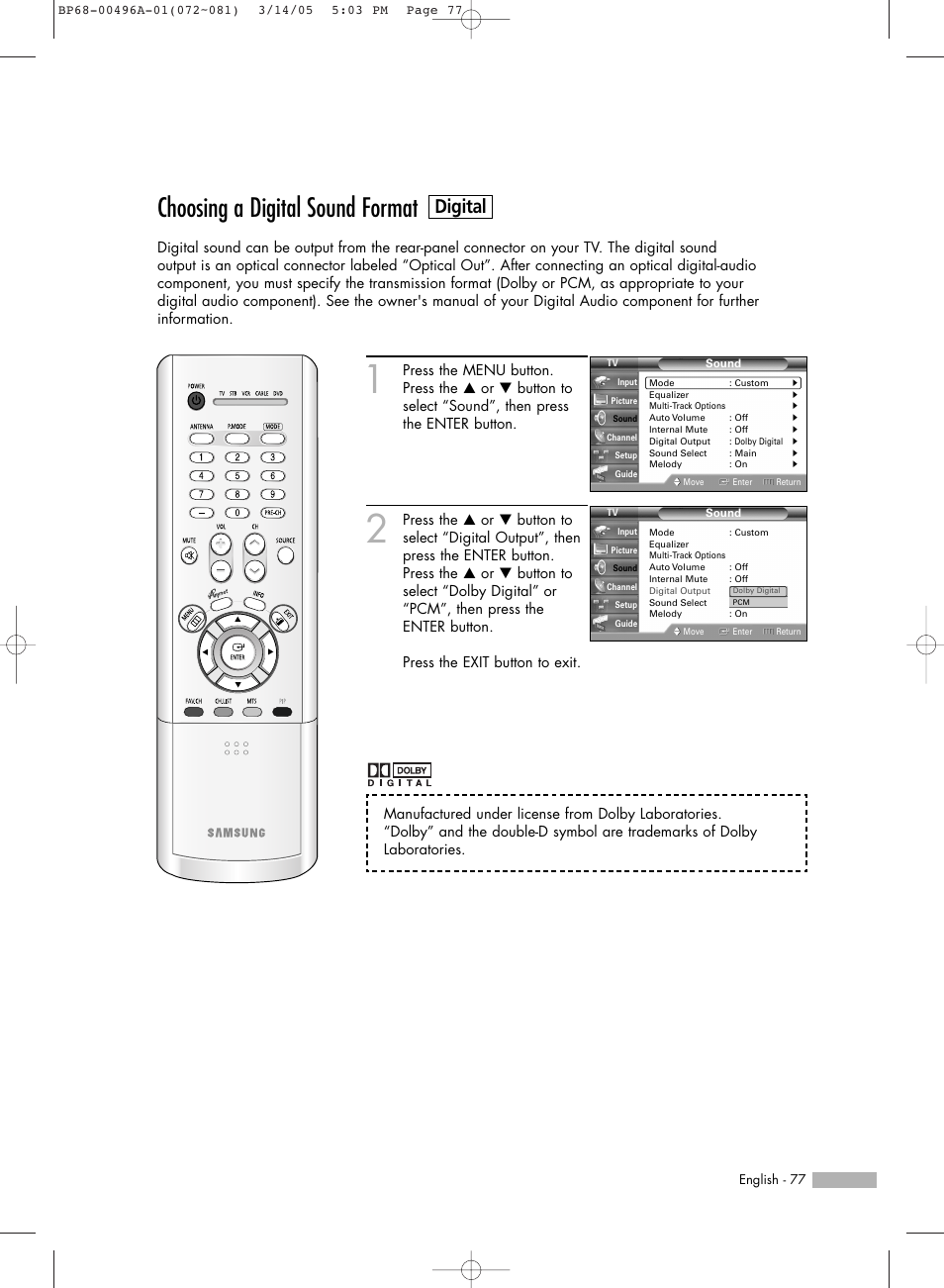 Choosing a digital sound format, Digital | Samsung HLR4266WX-XAA User Manual | Page 77 / 108