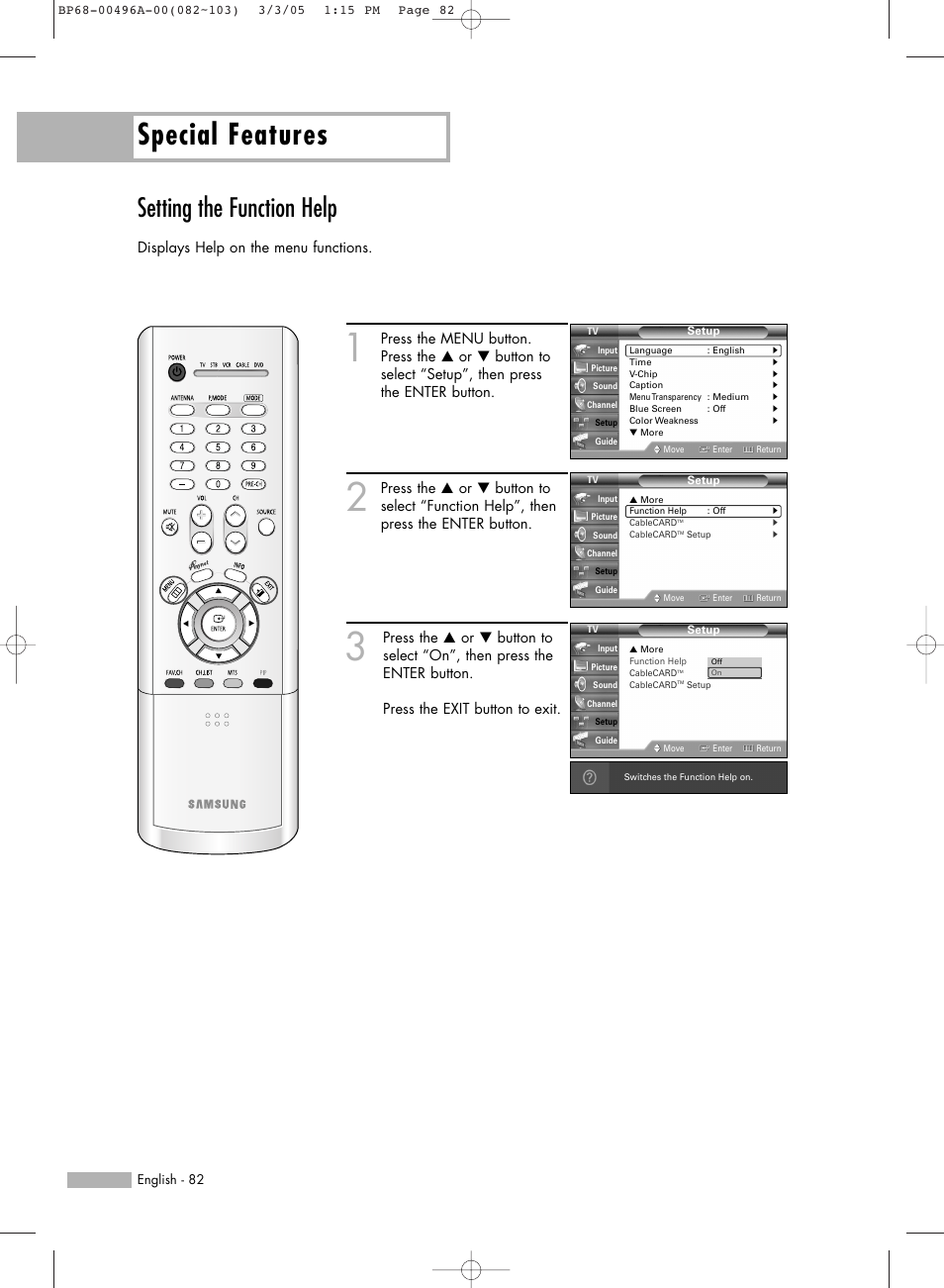 Setting the function help, Special features | Samsung HLR4266WX-XAA User Manual | Page 82 / 108