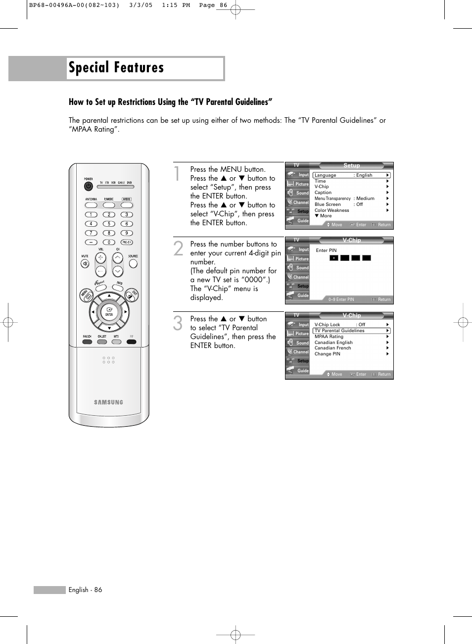 Special features | Samsung HLR4266WX-XAA User Manual | Page 86 / 108