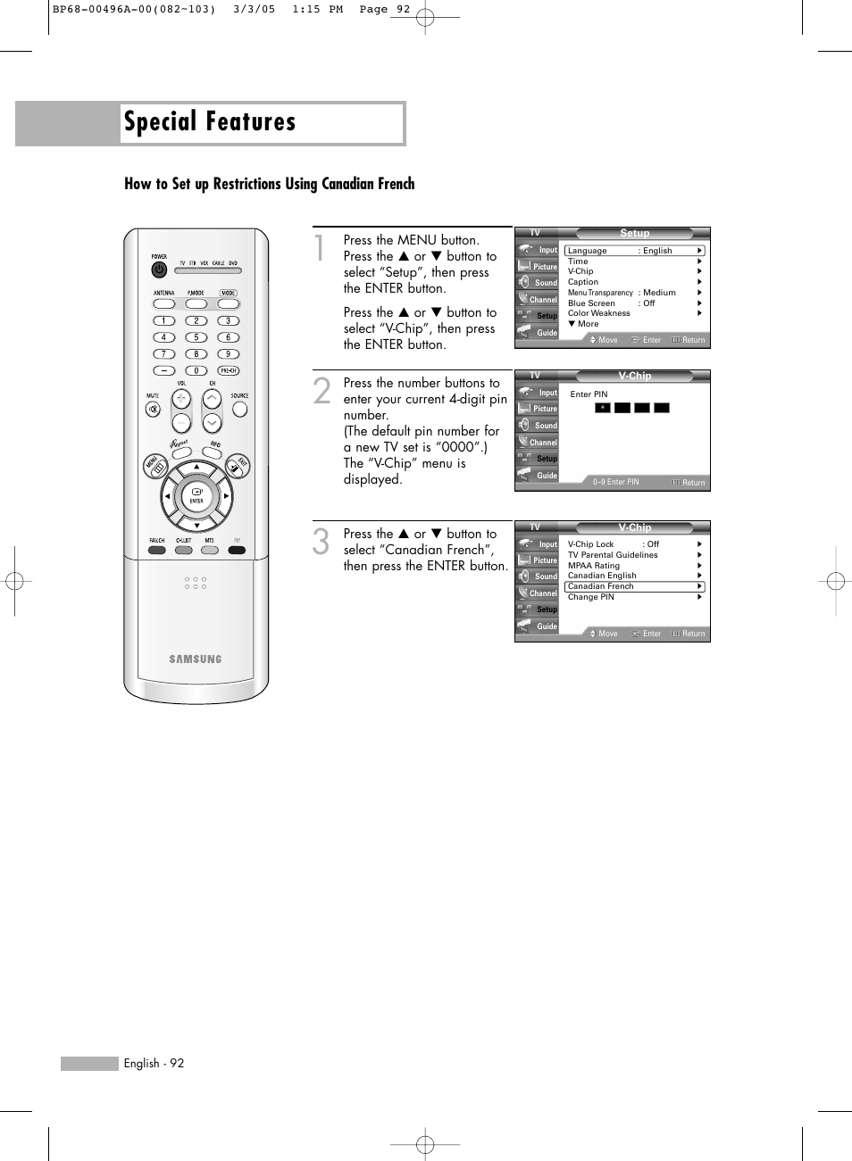 Special features, How to set up restrictions using canadian french | Samsung HLR4266WX-XAA User Manual | Page 92 / 108