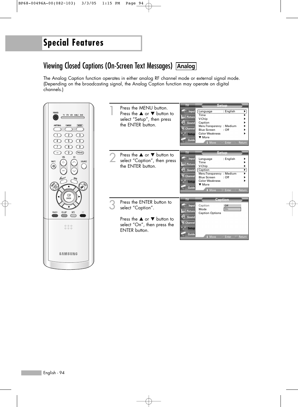 Viewing closed captions (on-screen text messages), Special features, Analog | Samsung HLR4266WX-XAA User Manual | Page 94 / 108