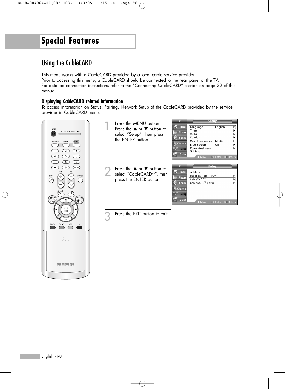 Using the cablecard, Special features, Displaying cablecard related information | Samsung HLR4266WX-XAA User Manual | Page 98 / 108