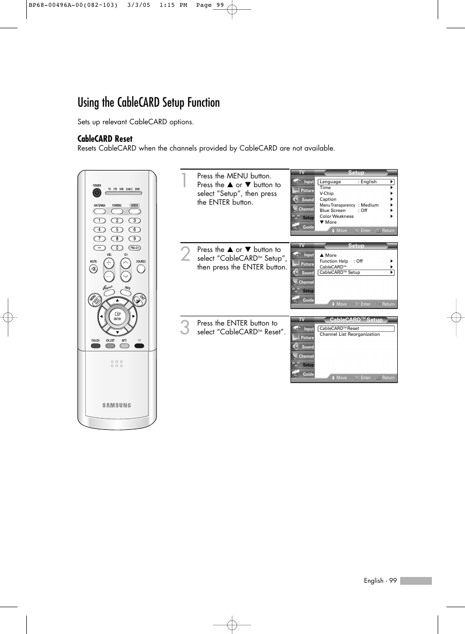 Using the cablecard setup function, Cablecard reset | Samsung HLR4266WX-XAA User Manual | Page 99 / 108