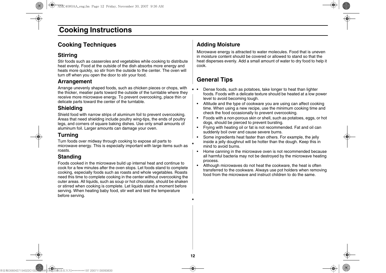 Cooking instructions | Amana AMC4080AAW User Manual | Page 12 / 44