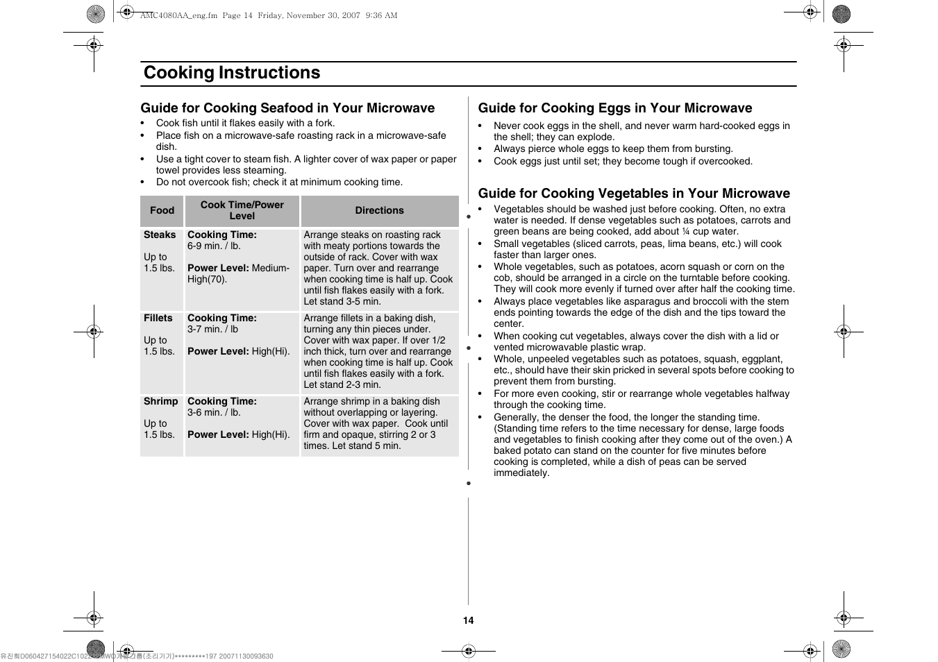 Cooking instructions | Amana AMC4080AAW User Manual | Page 14 / 44