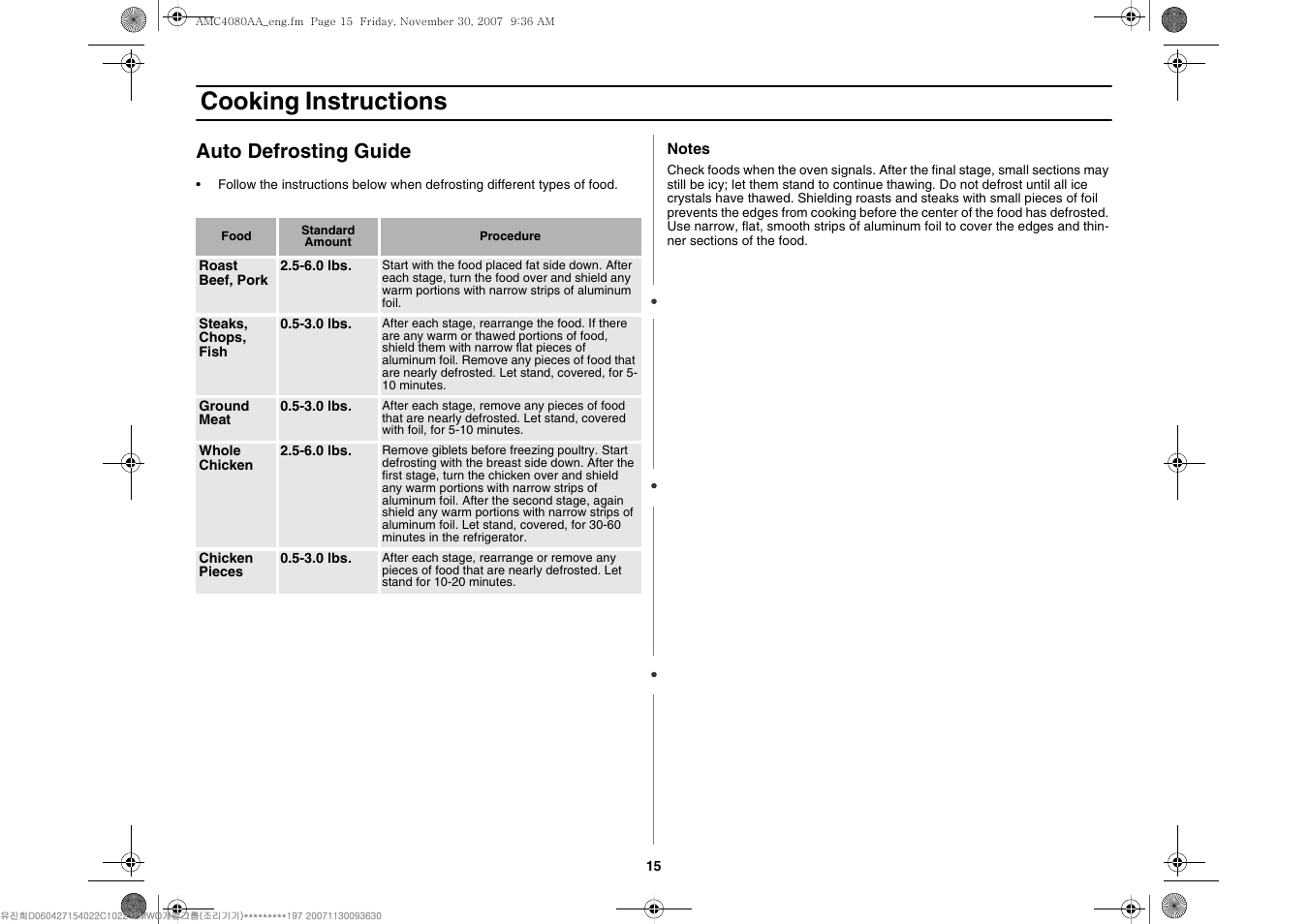 Cooking instructions, Auto defrosting guide | Amana AMC4080AAW User Manual | Page 15 / 44