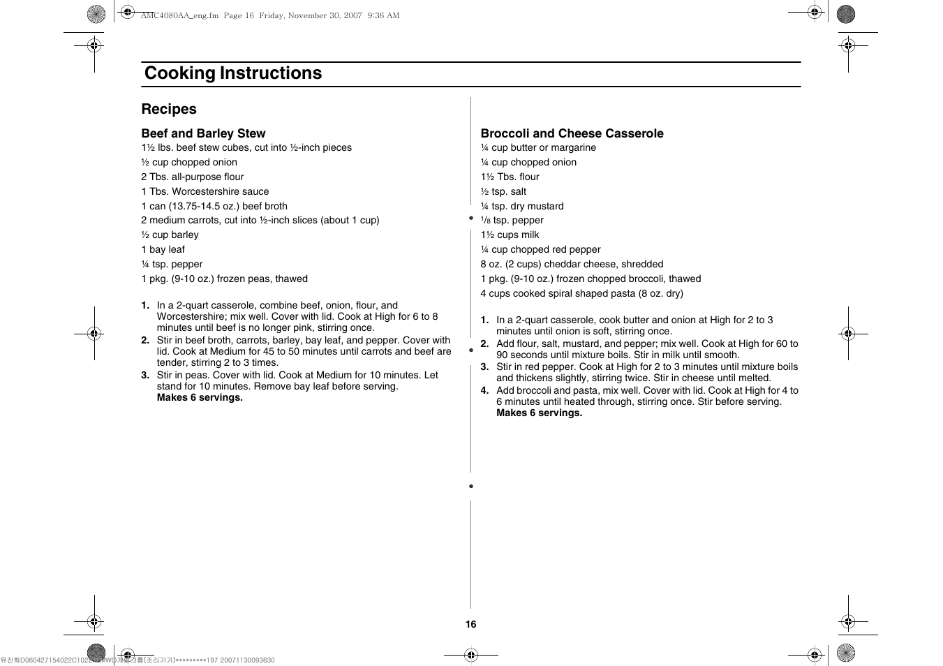 Cooking instructions, Recipes | Amana AMC4080AAW User Manual | Page 16 / 44