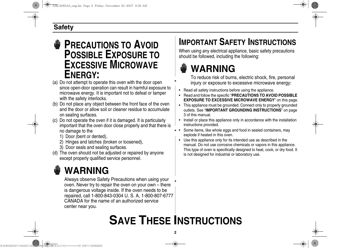 Hese, Nstructions, Warning | Amana AMC4080AAW User Manual | Page 2 / 44
