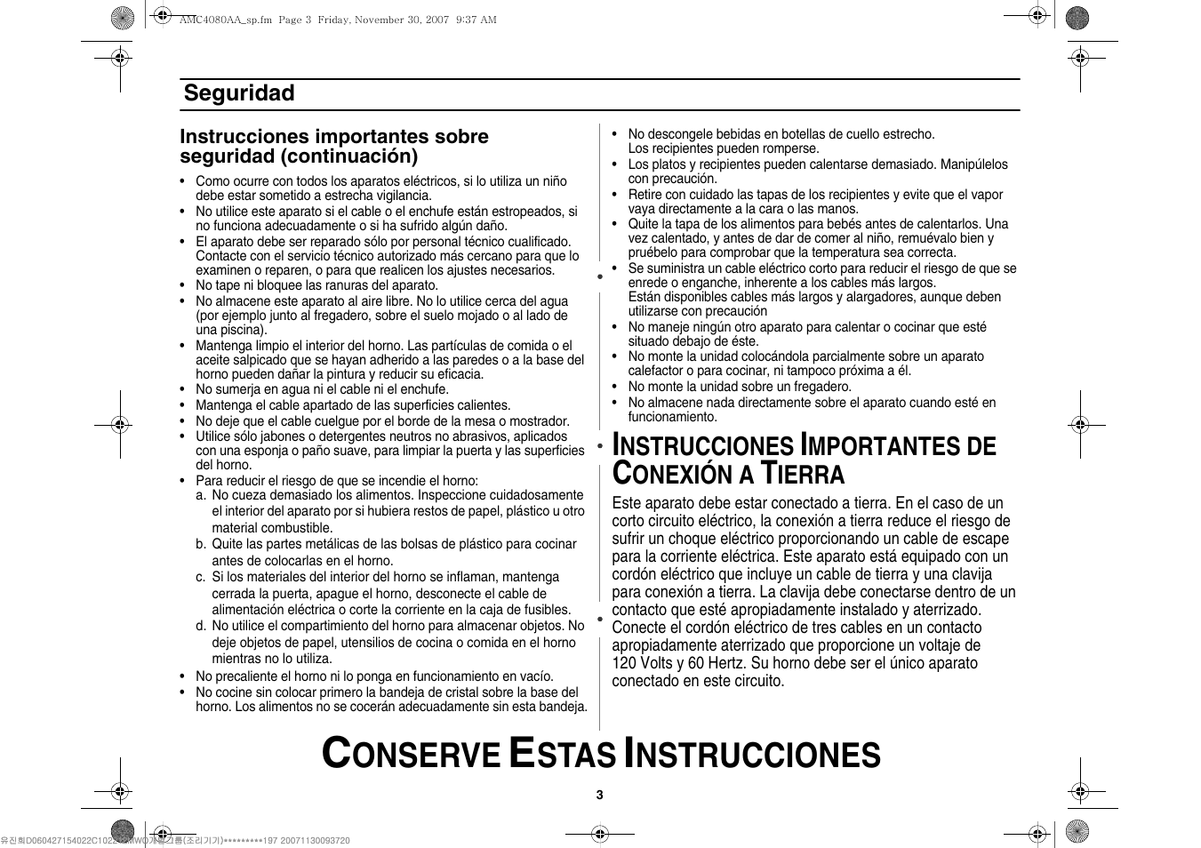 Onserve, Stas, Nstrucciones | Mportantes de, Onexión a, Ierra | Amana AMC4080AAW User Manual | Page 25 / 44
