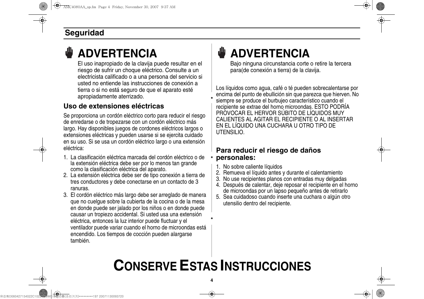 Onserve, Stas, Nstrucciones | Advertencia | Amana AMC4080AAW User Manual | Page 26 / 44