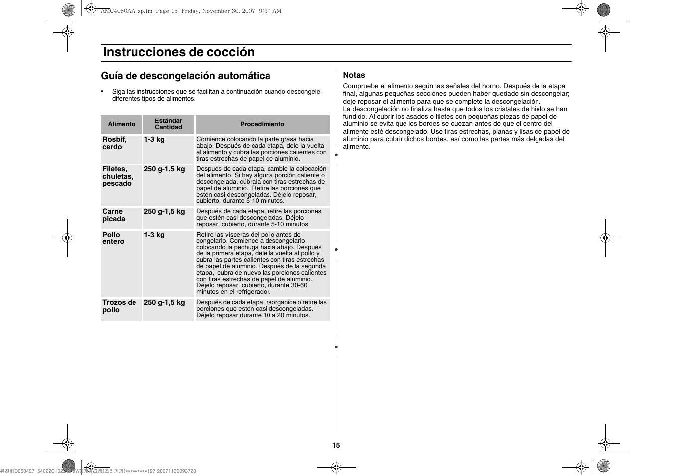 Instrucciones de cocción, Guía de descongelación automática | Amana AMC4080AAW User Manual | Page 37 / 44