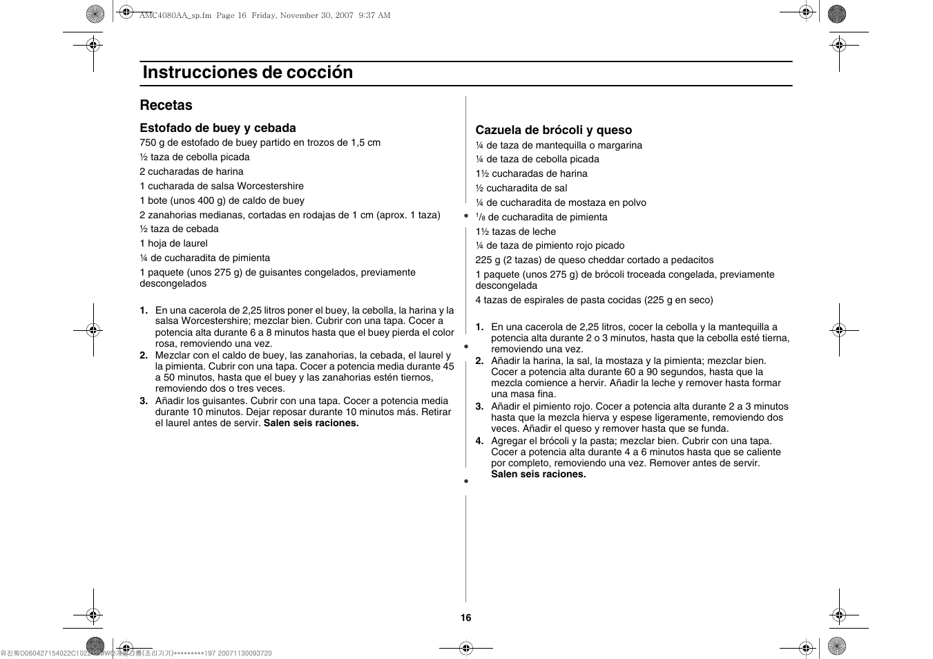 Instrucciones de cocción, Recetas | Amana AMC4080AAW User Manual | Page 38 / 44