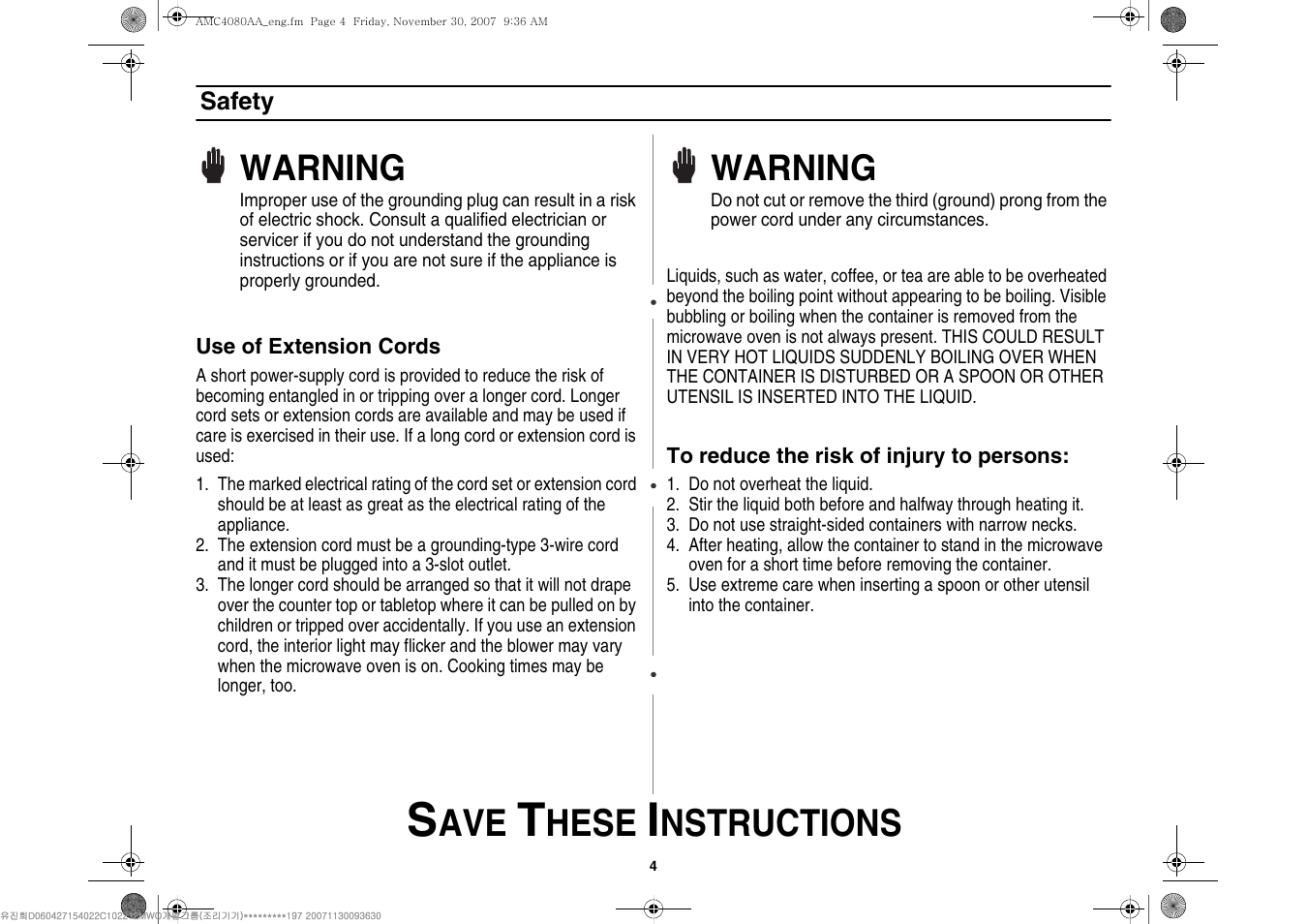 Hese, Nstructions, Warning | Amana AMC4080AAW User Manual | Page 4 / 44