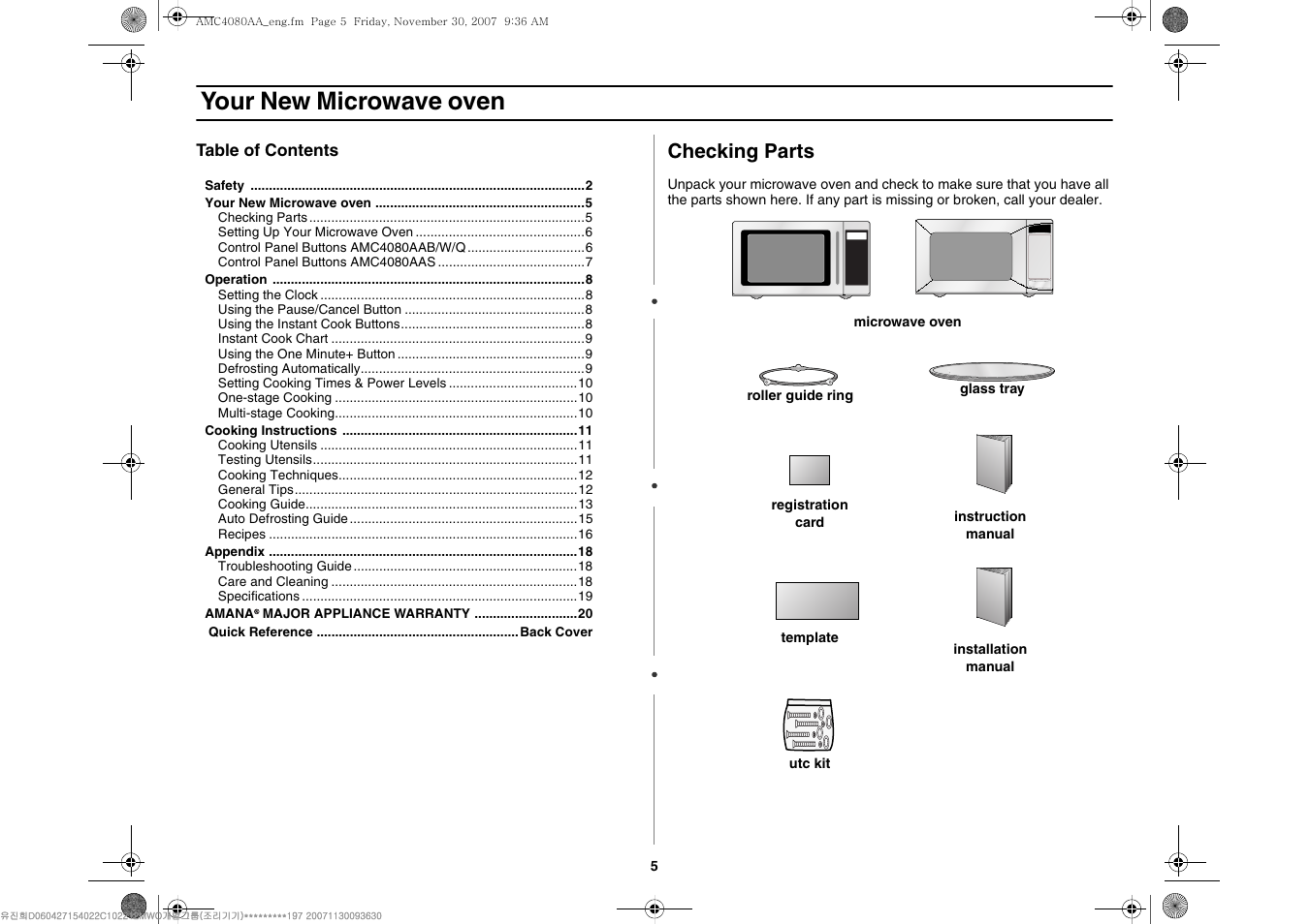 Your new microwave oven, Checking parts | Amana AMC4080AAW User Manual | Page 5 / 44
