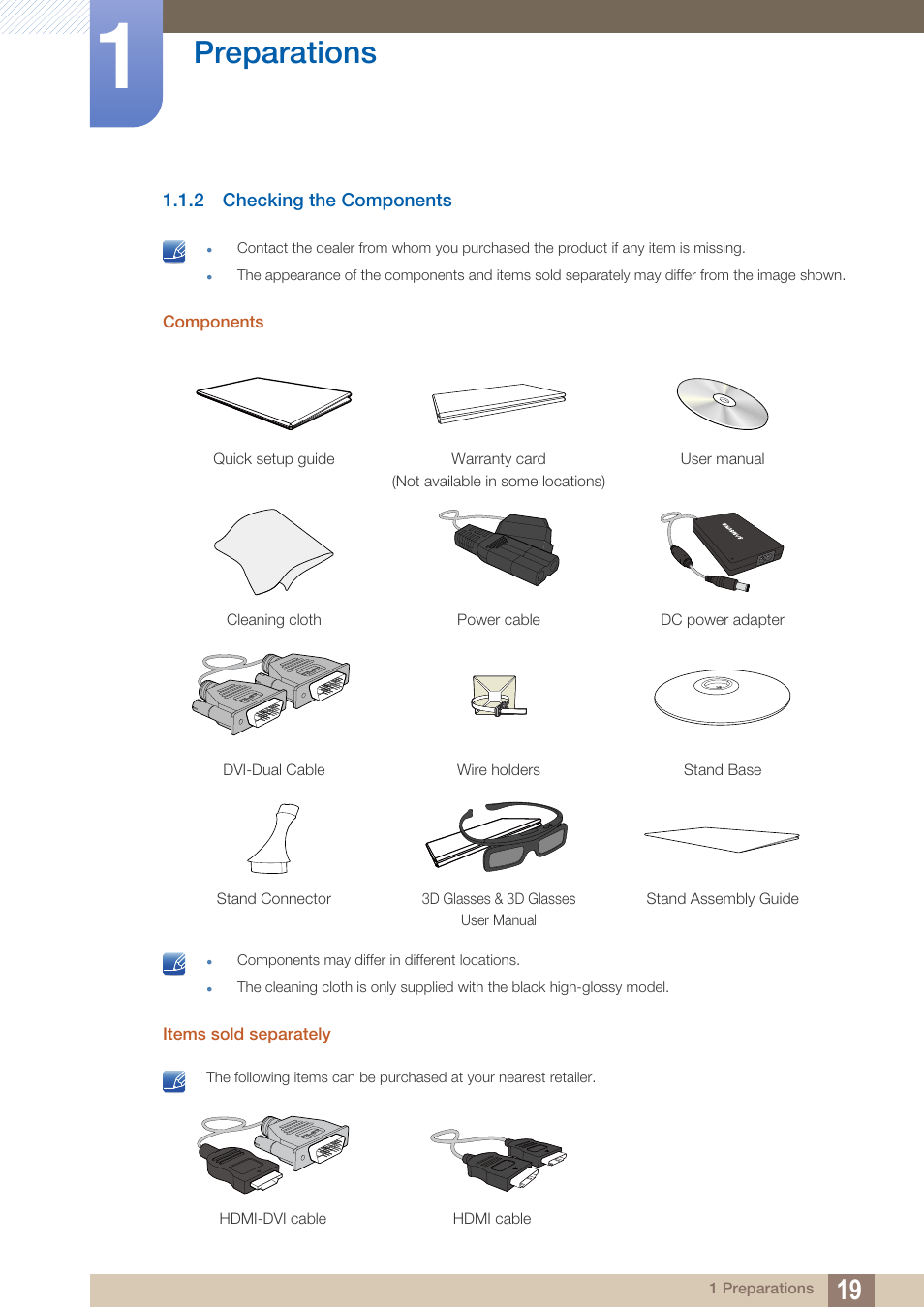 2 checking the components, Checking the components, Preparations | Samsung LS23A700DS-ZA User Manual | Page 19 / 88