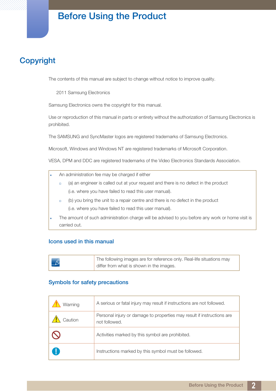 Before using the product, Copyright, Icons used in this manual | Symbols for safety precautions | Samsung LS23A700DS-ZA User Manual | Page 2 / 88