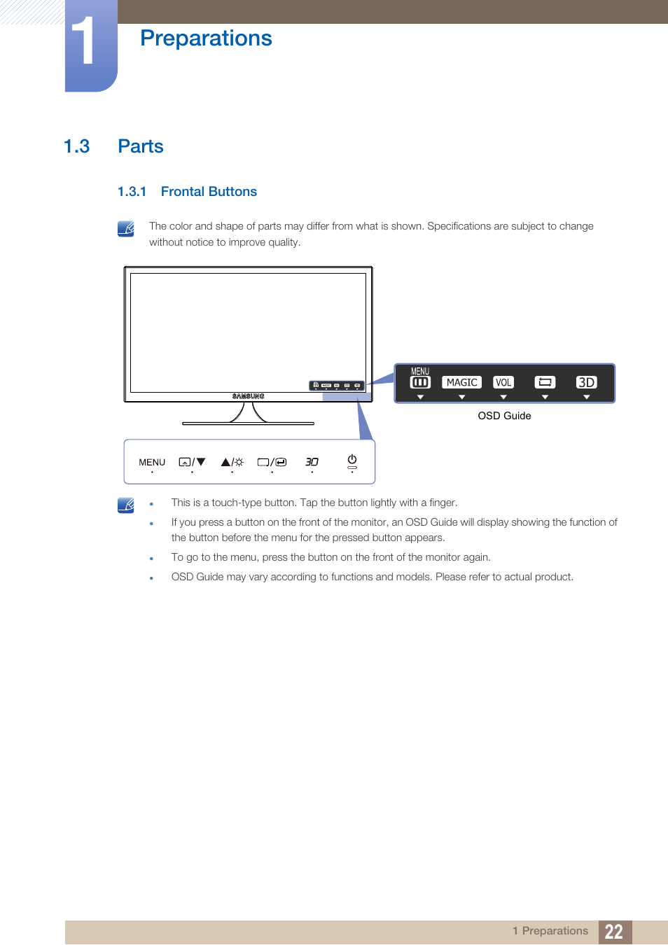 3 parts, 1 frontal buttons, Parts | Frontal buttons, Preparations | Samsung LS23A700DS-ZA User Manual | Page 22 / 88