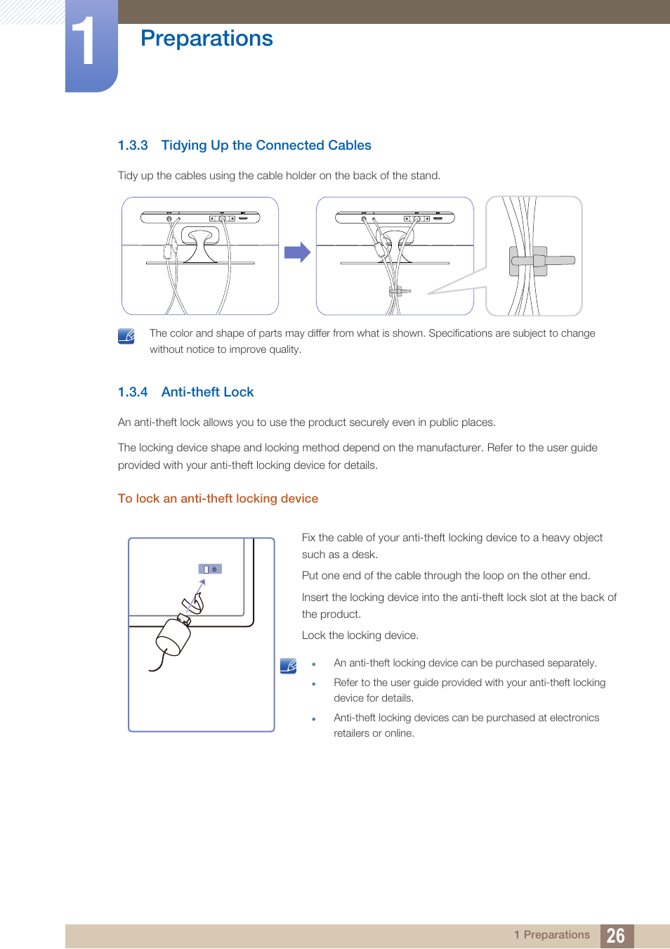 3 tidying up the connected cables, 4 anti-theft lock, Tidying up the connected cables | Anti-theft lock, Preparations | Samsung LS23A700DS-ZA User Manual | Page 26 / 88