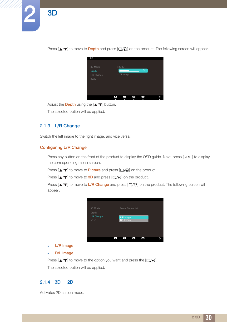 3 l/r change, 4 3d2d, L/r change | 3d → 2d, 4 3d 2d | Samsung LS23A700DS-ZA User Manual | Page 30 / 88
