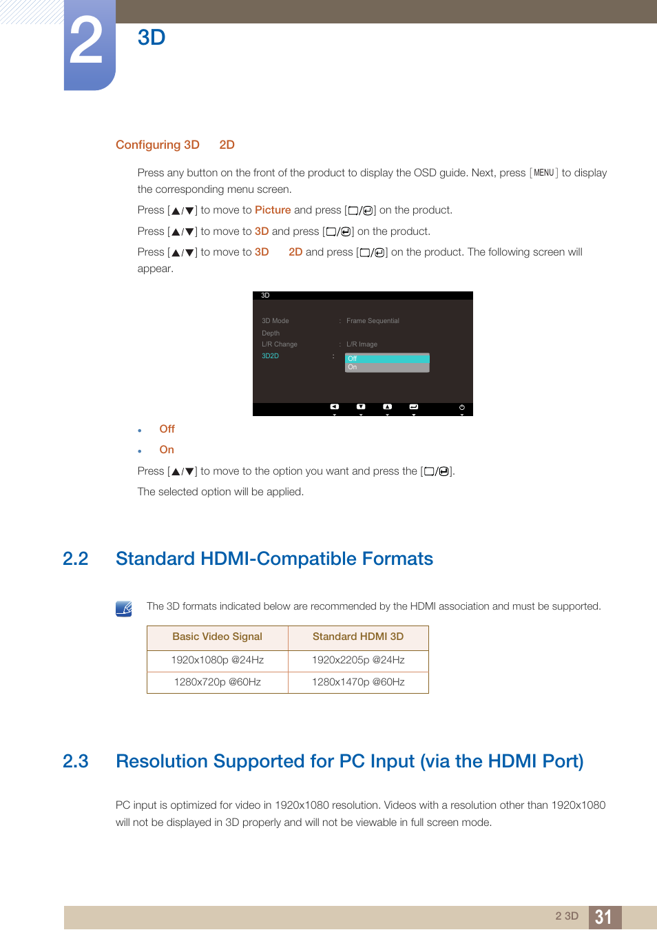 2 standard hdmi-compatible formats, Standard hdmi-compatible formats | Samsung LS23A700DS-ZA User Manual | Page 31 / 88