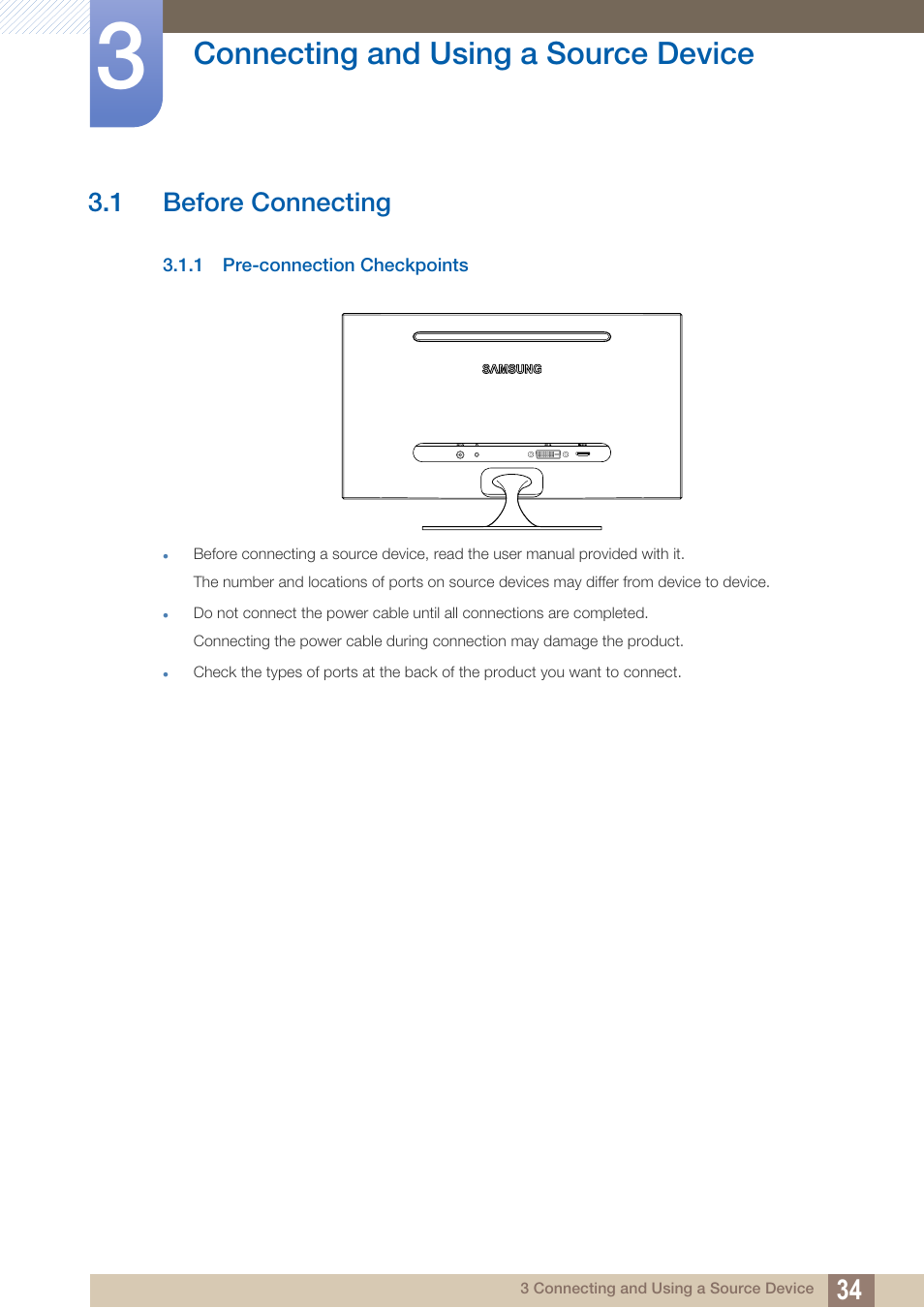 Connecting and using a source device, 1 before connecting, 1 pre-connection checkpoints | Connecting and using, A source device, Before connecting, Pre-connection checkpoints | Samsung LS23A700DS-ZA User Manual | Page 34 / 88
