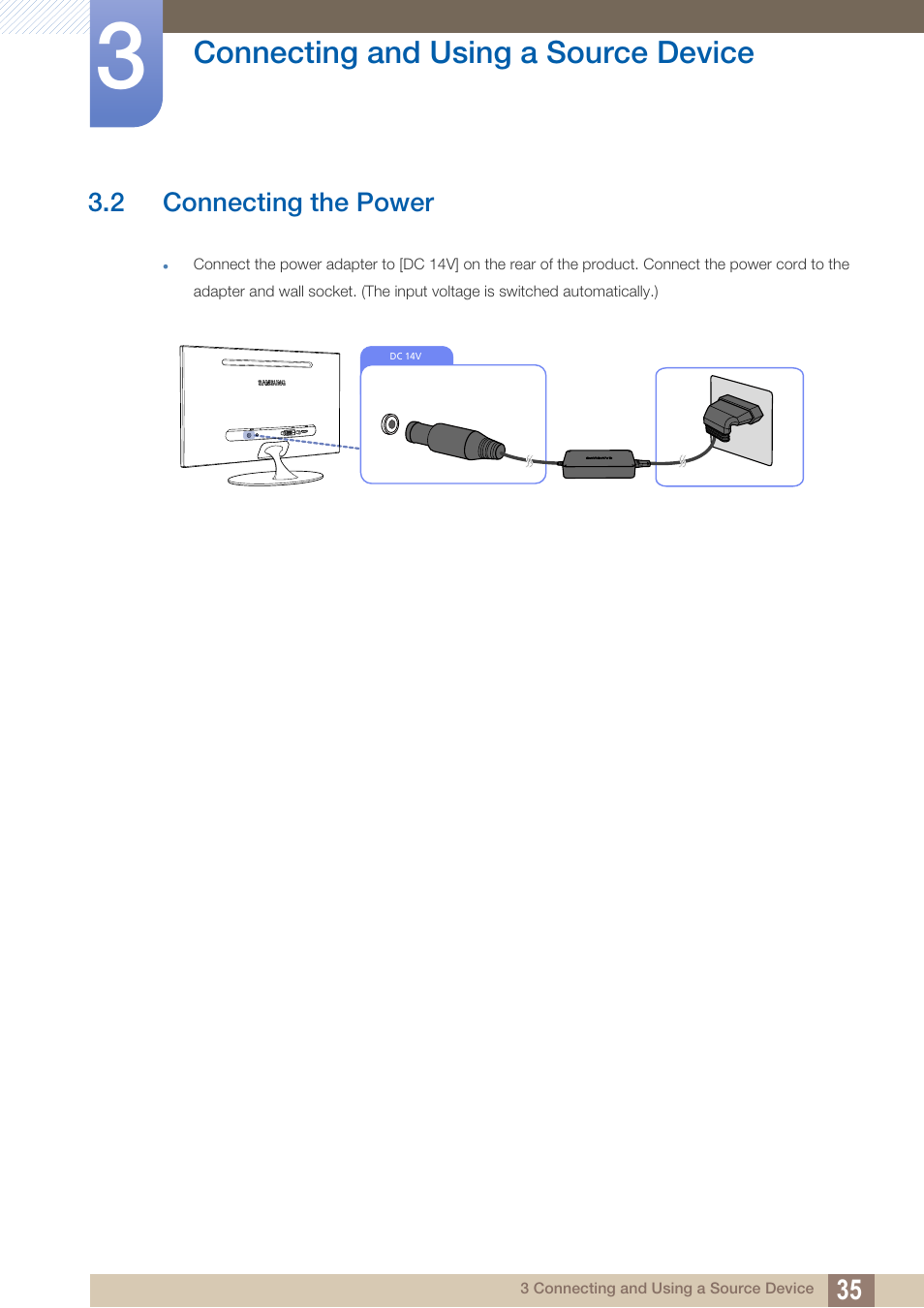 2 connecting the power, Connecting the power, Connecting and using a source device | Samsung LS23A700DS-ZA User Manual | Page 35 / 88