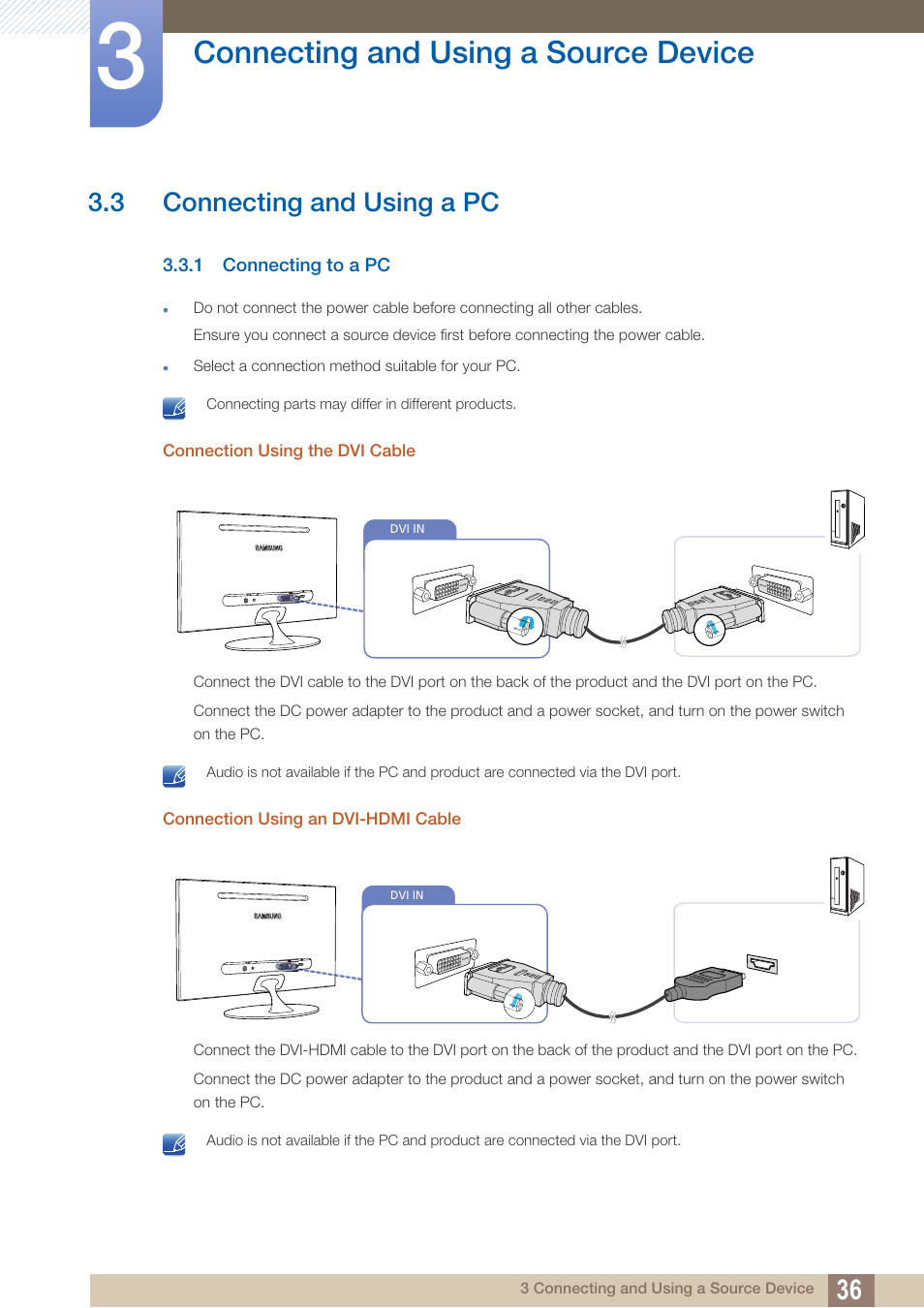 3 connecting and using a pc, 1 connecting to a pc, Connecting and using a pc | Connecting to a pc, Connecting and using a source device | Samsung LS23A700DS-ZA User Manual | Page 36 / 88