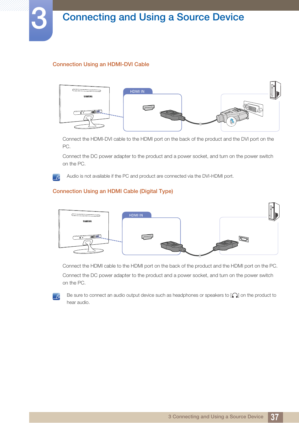 Connecting and using a source device | Samsung LS23A700DS-ZA User Manual | Page 37 / 88