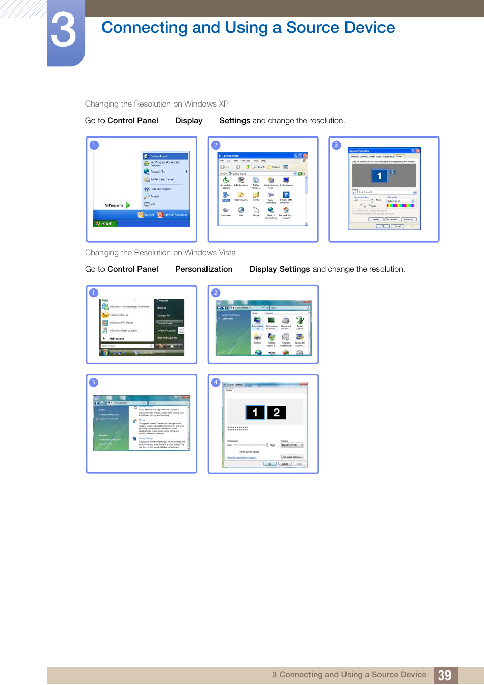Connecting and using a source device | Samsung LS23A700DS-ZA User Manual | Page 39 / 88