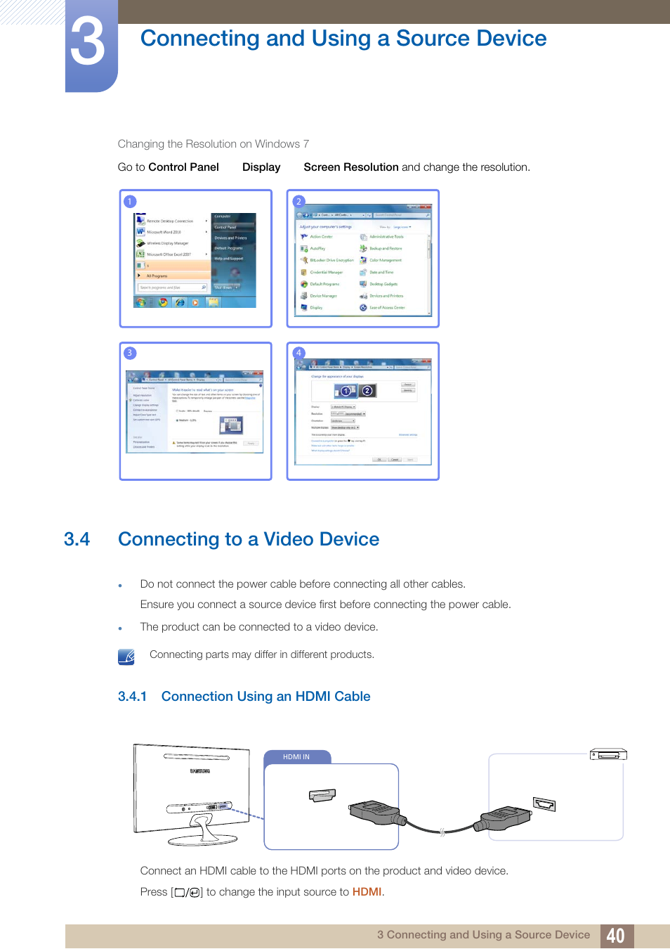 4 connecting to a video device, 1 connection using an hdmi cable, Connecting to a video device | Connection using an hdmi cable, Connecting and using a source device | Samsung LS23A700DS-ZA User Manual | Page 40 / 88