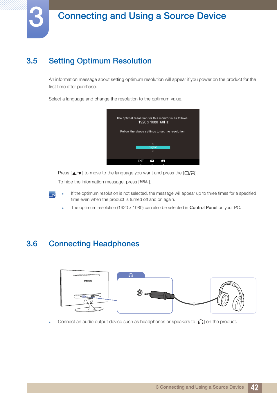 5 setting optimum resolution, 6 connecting headphones, Setting optimum resolution | Connecting headphones, Connecting and using a source device | Samsung LS23A700DS-ZA User Manual | Page 42 / 88