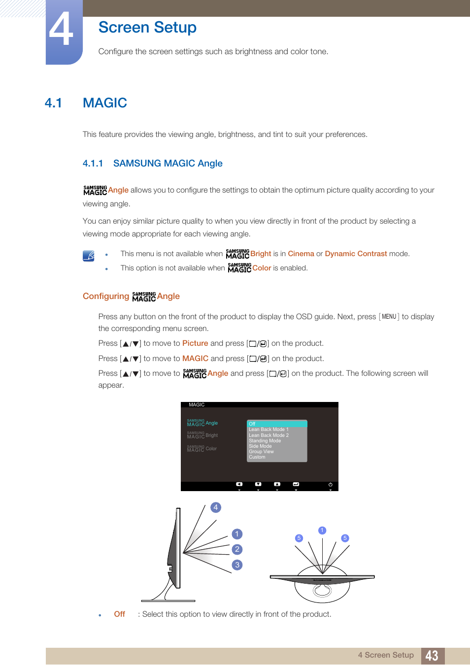 Screen setup, 1 magic, 1 samsung magic angle | Magic, Samsung magic angle | Samsung LS23A700DS-ZA User Manual | Page 43 / 88
