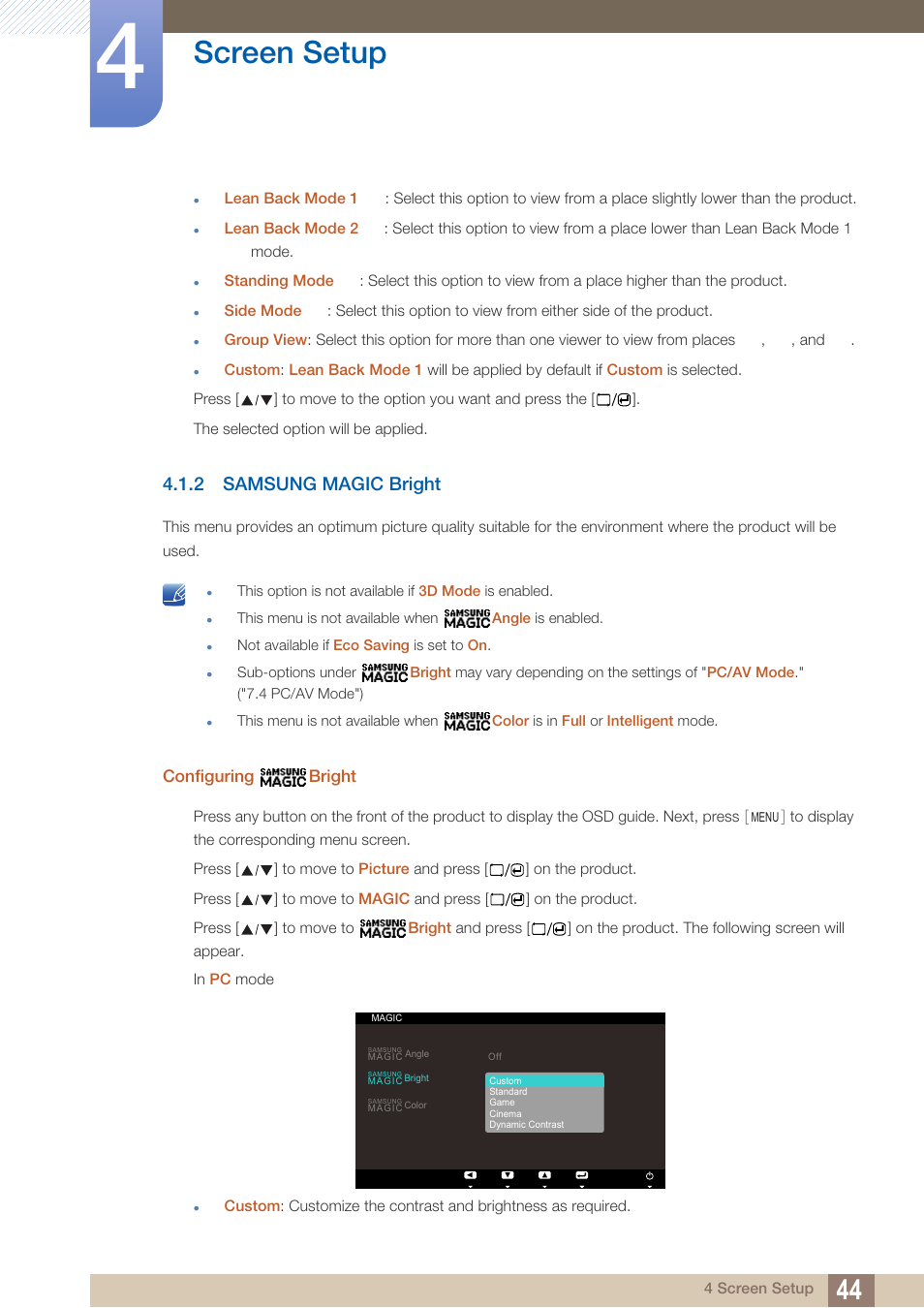2 samsung magic bright, Samsung magic bright, Screen setup | Samsung LS23A700DS-ZA User Manual | Page 44 / 88